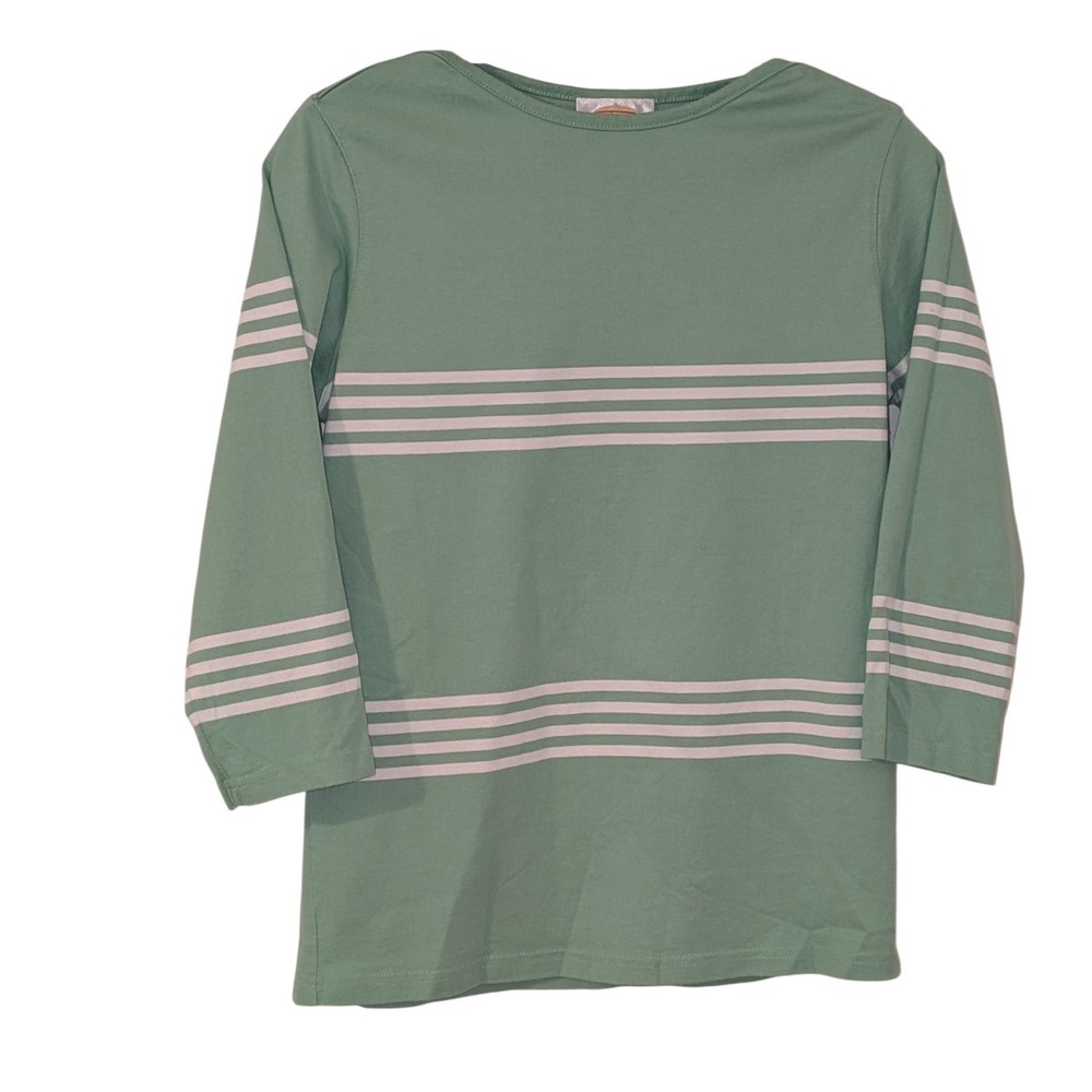 Talbots Womens Small Sage Green White Striped 3/4 Sleeve Cotton Boat Neck Top